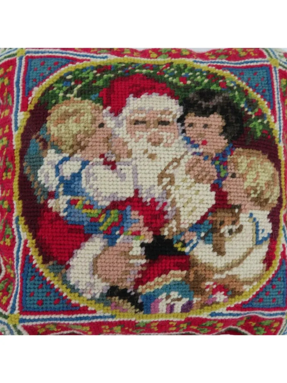 Santa Claus Children Christmas Red Velvet Needlepoint Throw Pillow Xmas Holiday